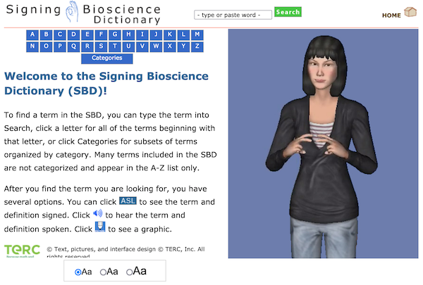 Screenshot of the Signing Bioscience Dictionary