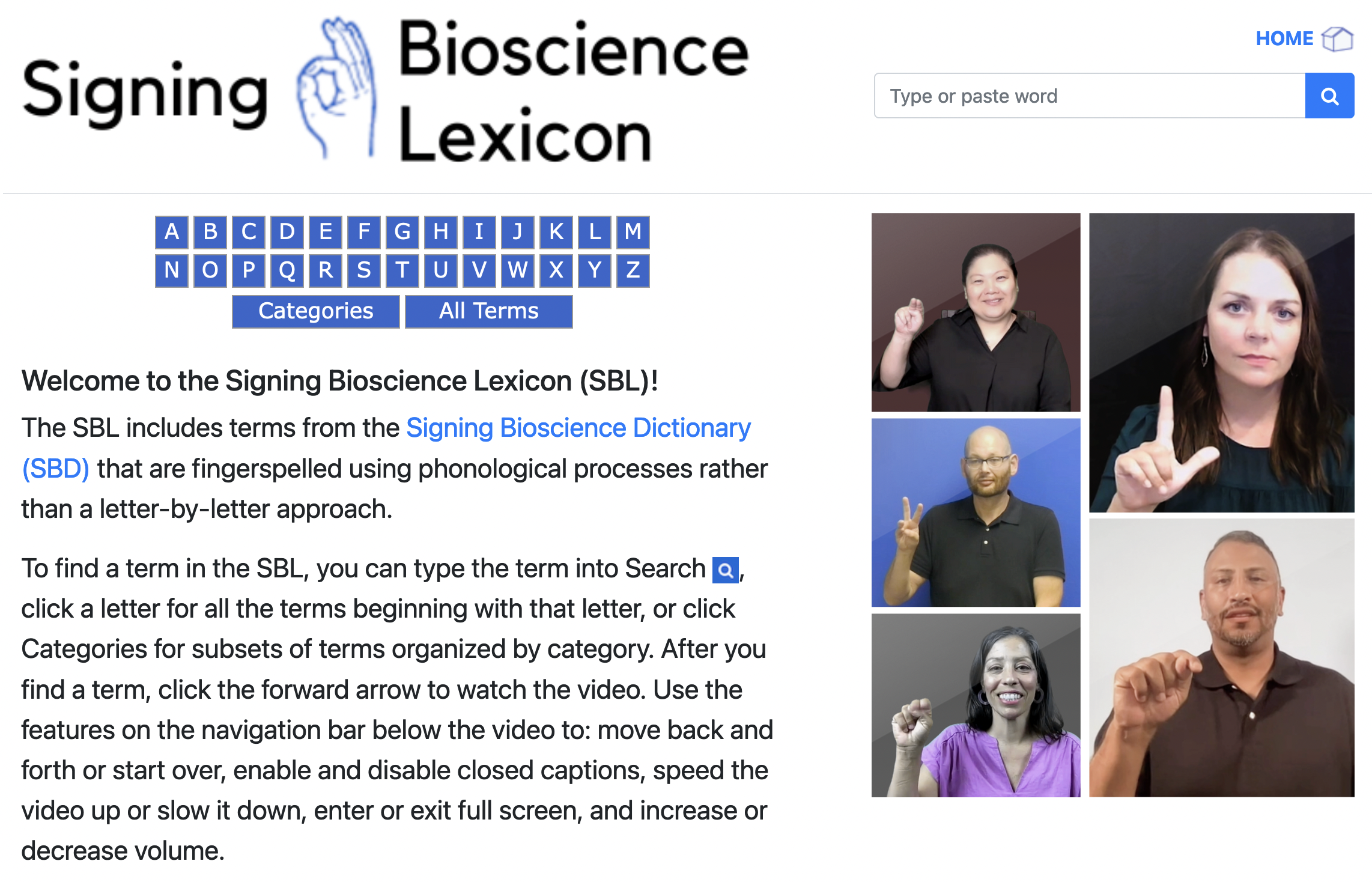 Screenshot of the Signing Bioscience Lexicon webpage